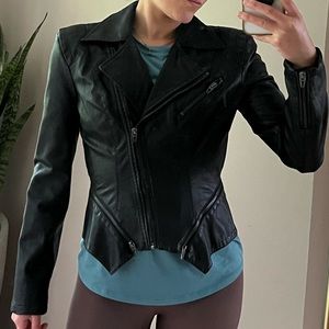 Blank NYC faux black leather jacket, peplum flared bottom, zippers, size XS
